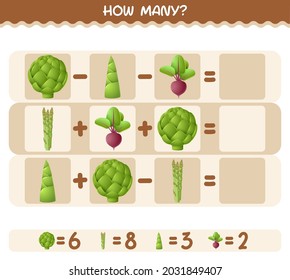 How many cartoon vegetables. Counting game. Educational game for pre shool years kids and toddlers
