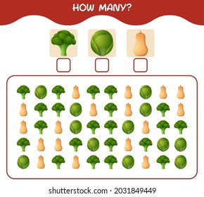 How many cartoon vegetables. Counting game. Educational game for pre shool years kids and toddlers