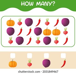 How many cartoon vegetables. Counting game. Educational game for pre shool years kids and toddlers