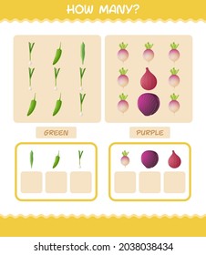 How many cartoon vegetables. Counting game. Educational game for pre shool years kids and toddlers