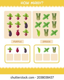 How many cartoon vegetables. Counting game. Educational game for pre shool years kids and toddlers