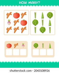 How many cartoon vegetables. Counting game. Educational game for pre shool years kids and toddlers
