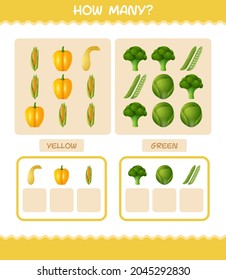 How many cartoon vegetables. Counting game. Educational game for pre shool years kids and toddlers