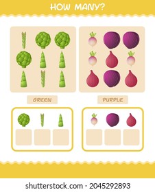 How many cartoon vegetables. Counting game. Educational game for pre shool years kids and toddlers