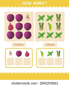 How many cartoon vegetables. Counting game. Educational game for pre shool years kids and toddlers