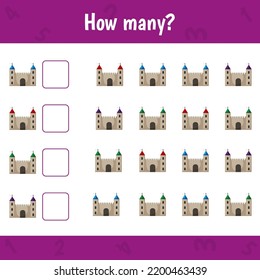 How many castles are there. Count the number and write. Math worksheet for kids.