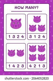 Cuántos Gatos, juegos para niños. Ilustración del vector, hoja de cálculo imprimible