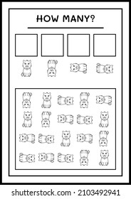 Cuántos Gatos, juegos para niños. Ilustración del vector, hoja de cálculo imprimible