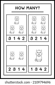 Cuántos Gatos, juegos para niños. Ilustración del vector, hoja de cálculo imprimible