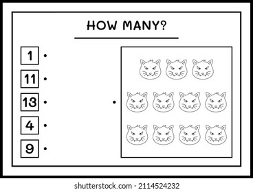 Cuántos Gatos, juegos para niños. Ilustración del vector, hoja de cálculo imprimible