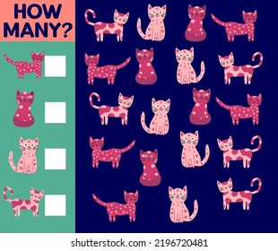 How many Cat, game for children. How many are they game. Count the Cats in the picture and write the result.
