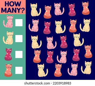 How many Cat, game for children. How many are they game. Count the Cats in the picture and write the result.