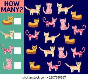 How many Cat, game for children. How many are they game. Count the Cats in the picture and write the result.
