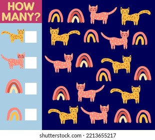 How many Cat, game for children. How many are they game. Count the Cats in the picture and write the result.