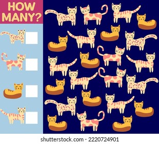 How many Cat, game for children. How many are they game. Count the Cats in the picture and write the result.