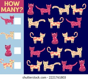 How many Cat, game for children. How many are they game. Count the Cats in the picture and write the result.