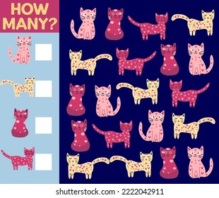 How many Cat, game for children. How many are they game. Count the Cats in the picture and write the result.