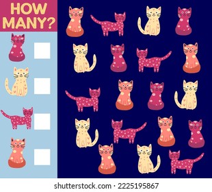 How many Cat, game for children. How many are they game. Count the Cats in the picture and write the result.