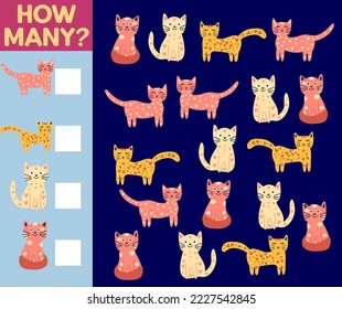 How many Cat, game for children. How many are they game. Count the Cats in the picture and write the result.