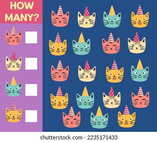 How many Cat, game for children. How many are they game. Count the Cats in the picture and write the result.