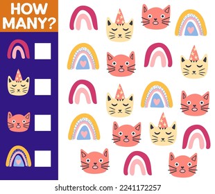 How many Cat, game for children. How many are they game. Count the Cats in the picture and write the result.