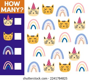 How many Cat, game for children. How many are they game. Count the Cats in the picture and write the result.