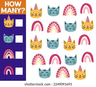 How many Cat, game for children. How many are they game. Count the Cats in the picture and write the result.