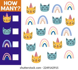 Cuántos Gatos, juegos para niños. ¿Cuántos están jugando? Contar los gatos en la imagen y escribir el resultado.