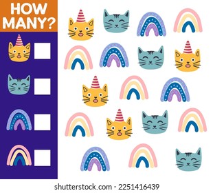 How many Cat, game for children. How many are they game. Count the Cats in the picture and write the result.
