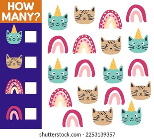 How many Cat, game for children. How many are they game. Count the Cats in the picture and write the result.