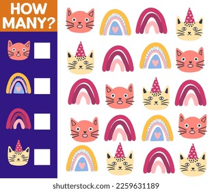 Wie viele Katzen, Spiel für Kinder. Wie viele spielen sie? Zählen Sie die Katzen auf dem Bild und schreiben Sie das Ergebnis.
