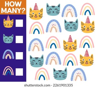 Cuántos Gatos, juegos para niños. ¿Cuántos están jugando? Contar los gatos en la imagen y escribir el resultado.