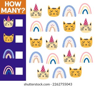 How many Cat, game for children. How many are they game. Count the Cats in the picture and write the result.