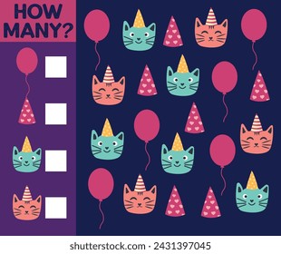 How many Cat, game for children. How many are they game. Count the Cats in the picture and write the result.