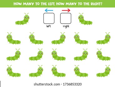 How many caterpillars go to the left and how many to the right. Educational game for kids. Spatial orientation for kids. 