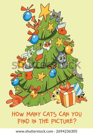 How many cats can you find in the picture? Cute Christmas puzzle illustration with cats hiding in a decorated Christmas tree. Fun holiday game for kids - count how many kittens are in the picture