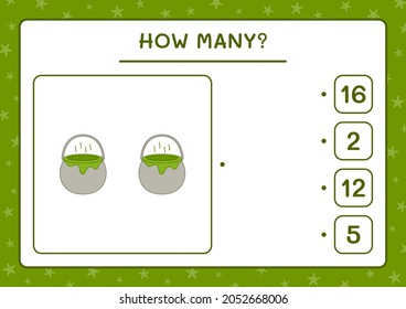 How many Cauldron, game for children. Vector illustration, printable worksheet