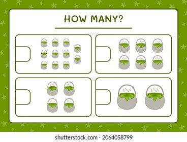 How many Cauldron, game for children. Vector illustration, printable worksheet