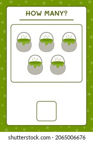 How many Cauldron, game for children. Vector illustration, printable worksheet