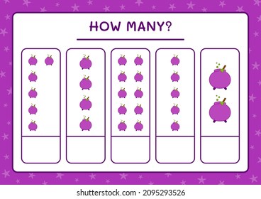 How many Cauldron, game for children. Vector illustration, printable worksheet