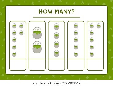 How many Cauldron, game for children. Vector illustration, printable worksheet