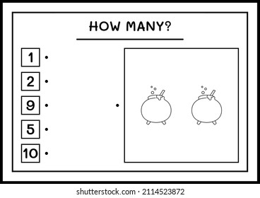 How many Cauldron, game for children. Vector illustration, printable worksheet