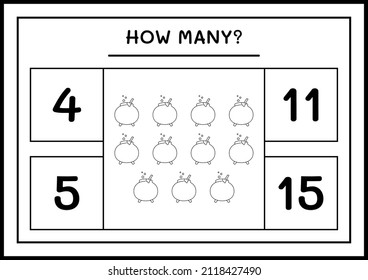How many Cauldron, game for children. Vector illustration, printable worksheet