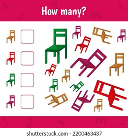 How many chairsare there. Count the number of furniture and write. Math worksheet for kids.