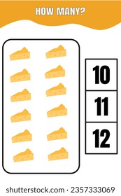 How many cheese are there? Educational math game for kids. Printable worksheet design for preschool or elementary kids.