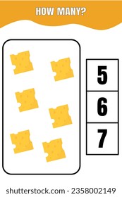 How many cheese are there? Educational math game for kids. Printable worksheet design for preschool or elementary kids.