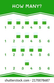 How many of Chemistry flask, game for children. Vector illustration, printable worksheet