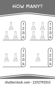 How many of Chemistry flask, game for children. Vector illustration, printable worksheet