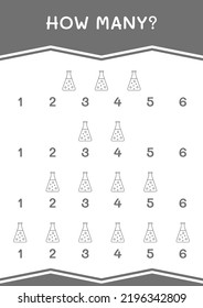 How many of Chemistry flask, game for children. Vector illustration, printable worksheet
