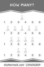 How many of Chemistry flask, game for children. Vector illustration, printable worksheet